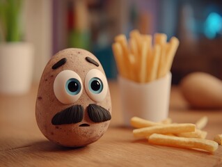 A cartoon potato with a concerned expression sits next to french fries.