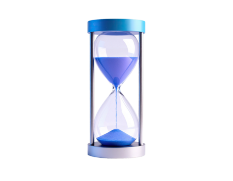A blue hourglass with sand flowing, set against a stark black background
