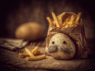 A potato with a mustache and french fries in a paper bag.