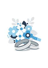 Flat Vector Illustration of Wedding Rings and Blue Flowers