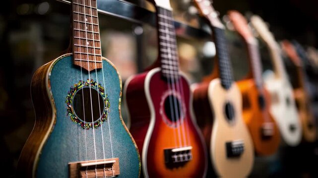 Concert ukuleles displayed in a row medium shot capturing one in crystal clear focus with subtle vibrancy surrounded by pleasantly blurred variations.