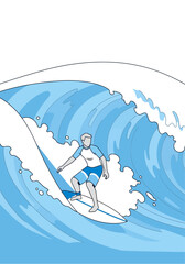 Flat Vector Illustration of a Surfer Riding a Big Wave