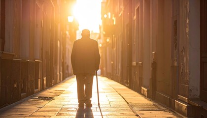 Silhouette of Elderly Man Walking Down Sunlit Street with Cane Golden Light and Shadow and Narrow Building Lined Alleyway Paving Stone Ground