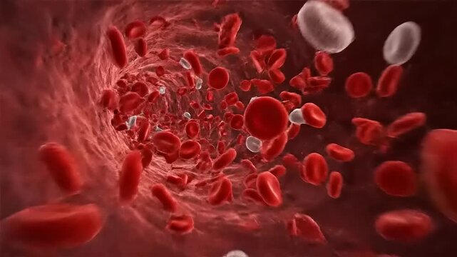 Microscopic view of red and white blood cells flowing through a human blood vessel