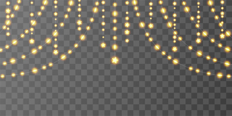 Light bulbs curtain, star festoon header. Fairy garland hanging strings. Ramadan Kareem lantern, chirstmas sky vector bg. Christmas decoration png, holiday lamp ball, gold glitter festive warm pattern