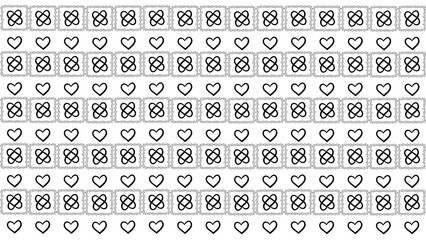 Black and White Seamless Pattern with Hearts and Interlaced Knot Symbols