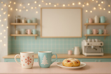 Pastel mug coffee cup pastry plate kitchen cozy soft light holiday morning sweet