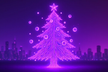 Holographic Christmas tree glowing with neon purple light, futuristic cityscape background, festive mood