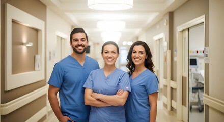 Obraz premium Dedicated medical team smiling confidently in modern hospital hallway, ready to provide compassionate healthcare in a clean, comforting environment