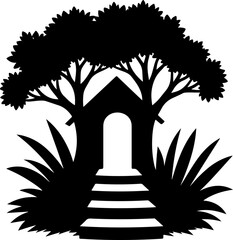 Fototapeta premium house with tree silhouette, house, home, building, illustration, icon, vector, architecture, roof, design, tree, symbol, construction, window, door, estate, church, art, drawing, silhouette, cartoon, 