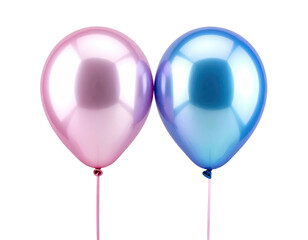 Two shiny, round, metallic balloons, one pink and the other blue, on black background