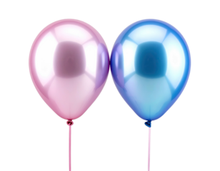 Two shiny, round, metallic balloons, one pink and the other blue, on black background