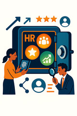 HR vault illustration business security data people growth analysis teamwork success fingerprint magnifying chart icon office