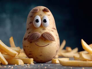A potato with a funny face surrounded by french fries.