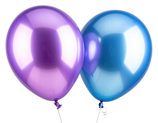 Two shiny, spherical balloons, one purple, one blue, floating against black