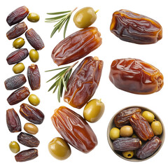 Dates and Green Olives with Rosemary Sprigs Mediterranean Arrangement in Bowl and Clusters, Highlighting Texture and Culinary Harmony