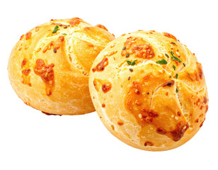 Two golden-brown bread rolls, topped with cheese and herbs, isolated on black