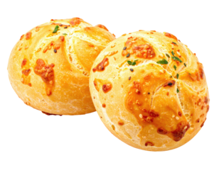 Two golden-brown bread rolls, topped with cheese and herbs, isolated on black