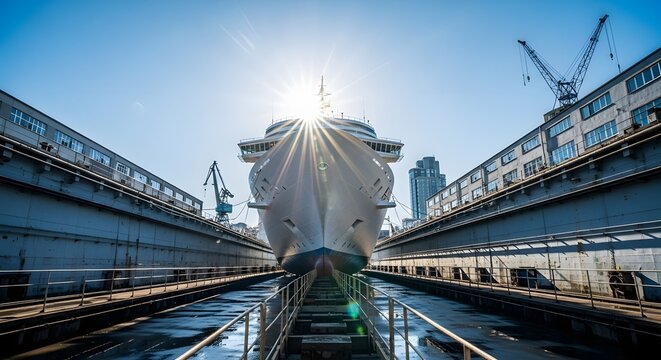 Cruise ship sparkles in dry dock under sunny skies, ready for adventure and travel, evoking wonder and excitement for maritime exploration - Powered by Adobe