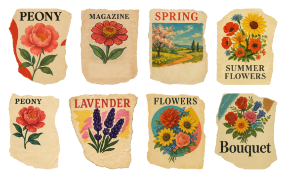 PNG Vintage floral label collection, element set on transparent background
