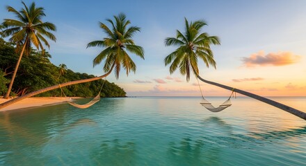 Blissful sunset view with hammocks hanging from palm trees over turquoise ocean water inviting you to relax and escape to paradise