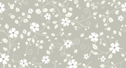 A delicate pattern of small white flowers and swirling vines on a muted grey background.