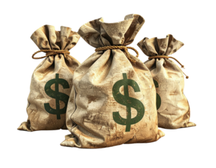 Three burlap sacks tied with rope and featuring dollar signs