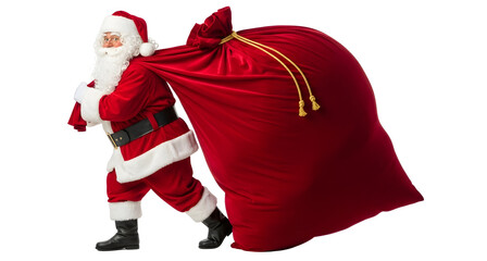 Santa claus carrying christmas gift sack full of presents holiday season on transparent background