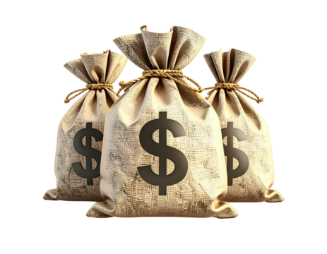 Three burlap sacks tied with rope, each emblazoned with a large dollar sign