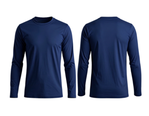 Navy blue long-sleeved athletic shirt isolated on black background, front & back