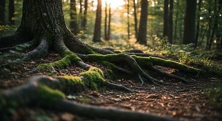 Fototapeta premium Ancient tree roots and sunlight in a lush verdant forest landscape