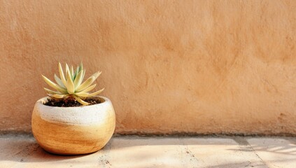 A small succulent plant in a decorative, light brown and white pot against a tan wall.