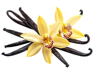 Two yellow orchids with spotted centers, and dark, cured vanilla beans on black