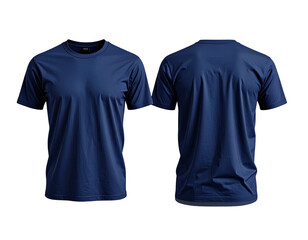 Front and back view of a plain, navy blue crewneck t-shirt