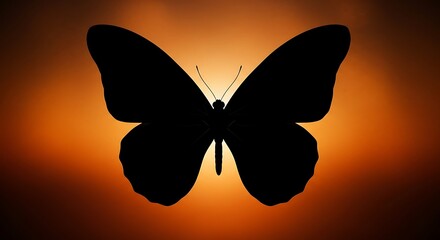 Dark butterfly silhouette with spread wings against a glowing orange background.
