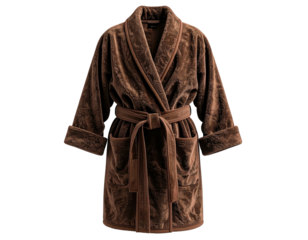 Plush brown velvet robe, belted, laid flat on black background, lit from above