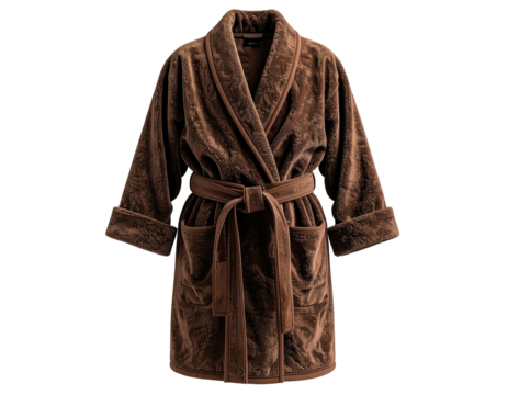 Plush brown velvet robe, belted, laid flat on black background, lit from above