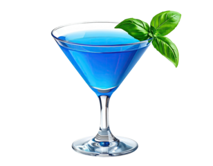 A vibrant blue cocktail in a stemmed glass, garnished with basil leaves