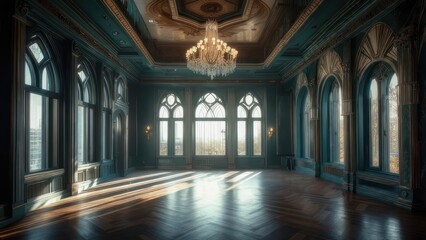 Fototapeta premium Grand Ballroom with Ornate Chandelier and Sunlight Streaming Through Arched Windows.