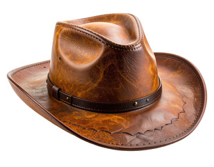 A rich, brown leather hat, detailed with stitches and a simple band