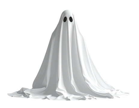 Simple depiction of a cloaked ghost with black eye holes, white fabric on a black background