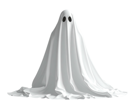 Simple depiction of a cloaked ghost with black eye holes, white fabric on a black background - Powered by Adobe