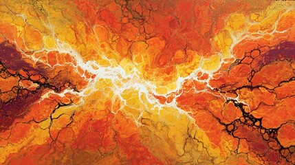 An abstract painting in intense orange and red, showing heat waves rising from cracked, dry earth.
