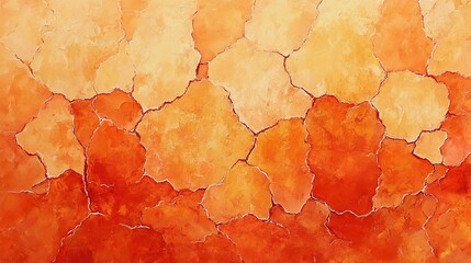 An abstract painting in intense orange and red, showing heat waves rising from cracked, dry earth.
