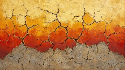 An abstract painting in intense orange and red, showing heat waves rising from cracked, dry earth.
