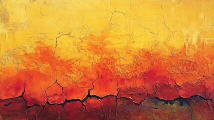 An abstract painting in intense orange and red, showing heat waves rising from cracked, dry earth.
