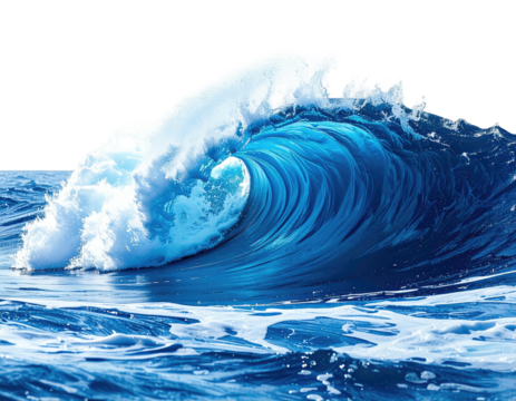 A powerful ocean wave cresting and curling, displaying shades of blue and white