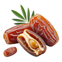 Whole and Cut Dates with Palm Leaf Brown Glossy Fruits Showing Seed and Flesh, Highlighting Natural Texture and Nutritional Value