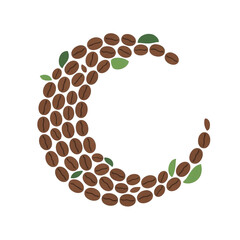 Letter “C” Formed with Coffee Beans and Green Leaves – Stylized Organic Design for Branding, Cafes, and Decorative Coffee Artwork