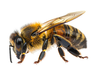 Close-up of a honeybee, wings spread, isolated against a stark, black background